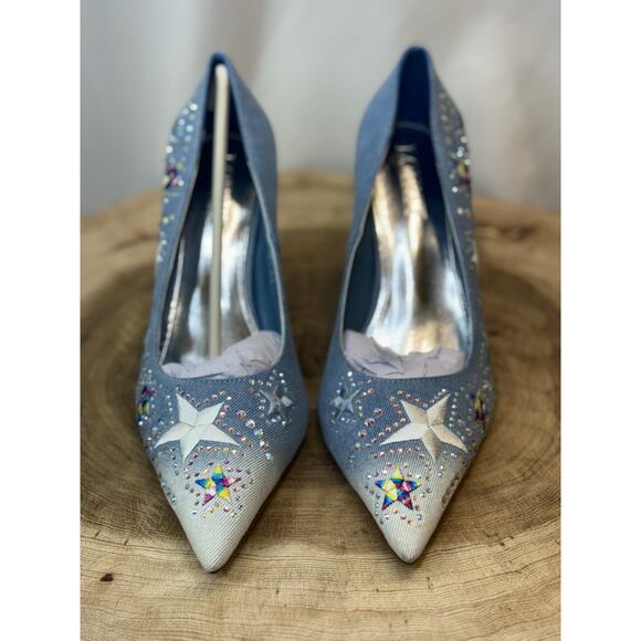 NEW Blue Jean Sparkly Rhinestone Star Embellished Denim Stiletto Heels - Picture 10 of 14